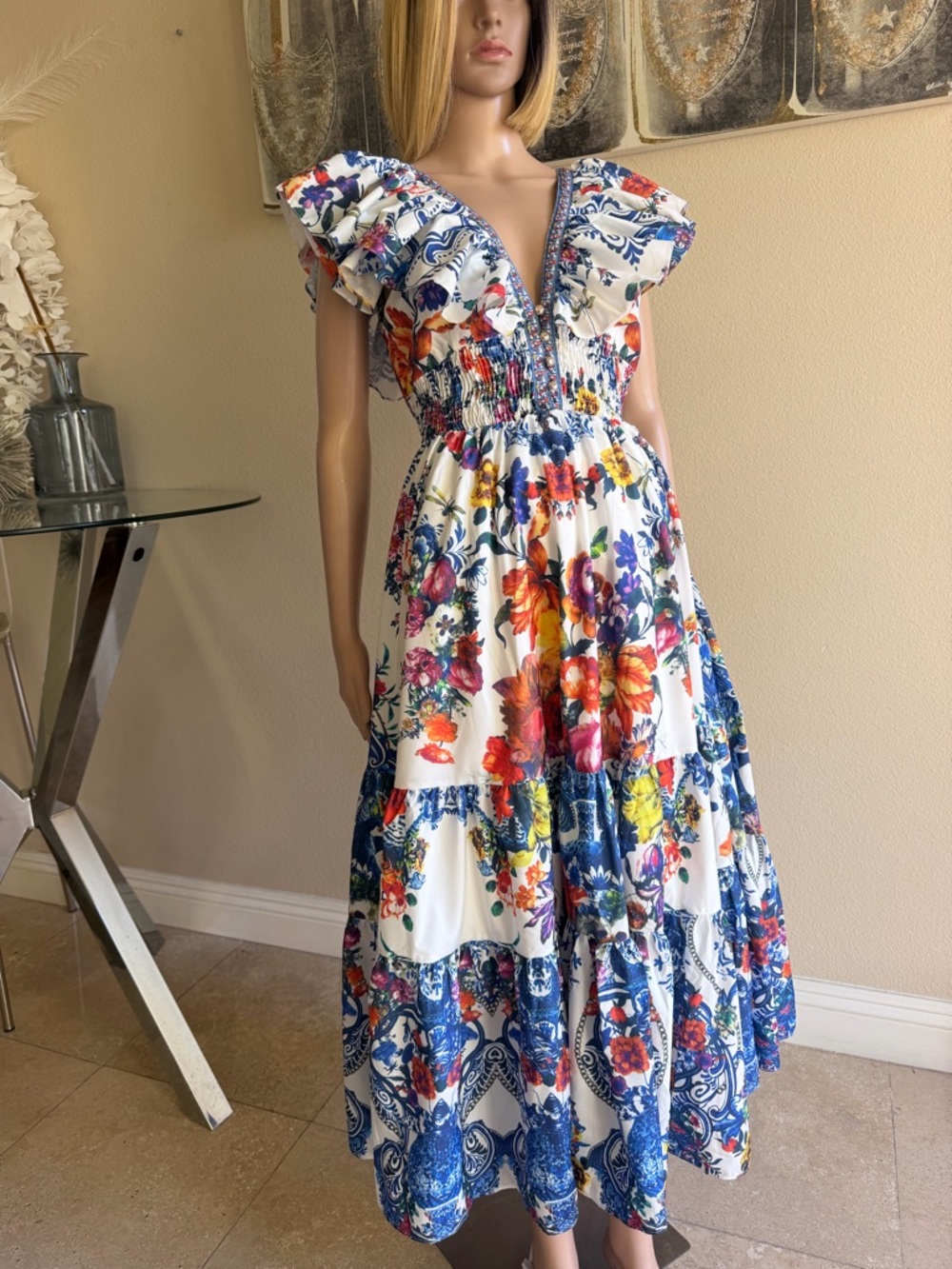 Floral V-Neck Ruffle Midi Dress - White Multi